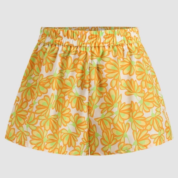 NWT Zara Floral Orange Green Flowy Cotton Pull On Shorts - Picture 1 of 7